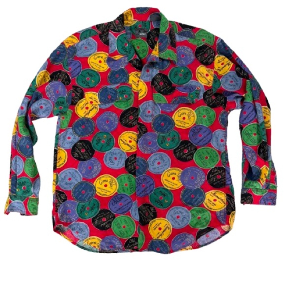 Vintage Liz Wear Red Disc Record Vinyl Print Long-Sleeve Button-Down Shirt M